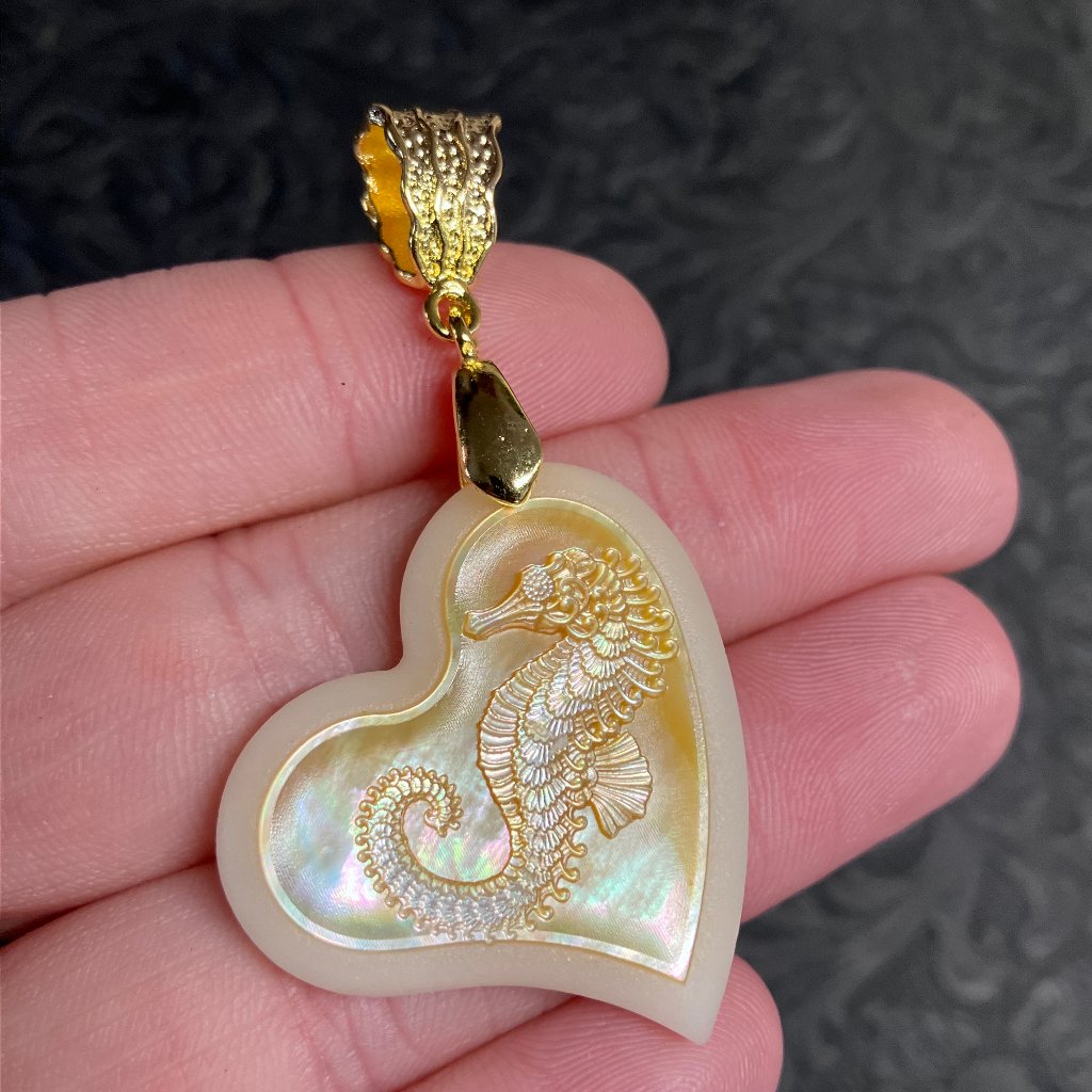 Seahorse Hippocampus Mother Of Pearl And White Jade Heart Pendant (52 1032)